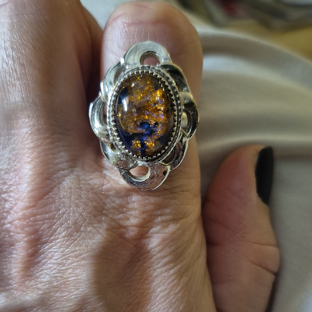 Whiting & Davis Foil Art Glass Murano Silver Tone Rhodium Plated Ring Adjustable